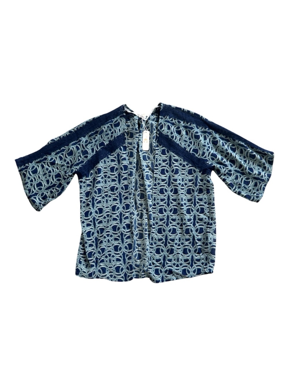 NWT Blue Printed Lace Trim Kimono Cover-Up Size Small